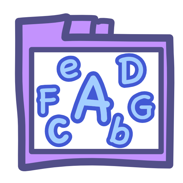 A purple file folder with 3 tabs across the top has a white rectangle on its front, inside the rectangle are letters B through G scattered around the letter A. They are all blue with a darker blue outline.